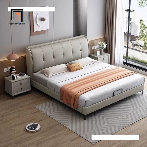 giường, giường ngủ, giường bọc da giả màu xám, giường ngủ 1m6 x 2m kiểu dáng sang trọng, giường đẹp