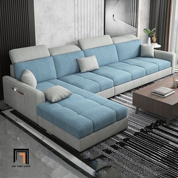 sofa góc l, bộ ghế sofa góc vải nỉ, sofa góc 2m8 x 1m75 gối kê đầu gật gù, sofa góc gia đình giá rẻ