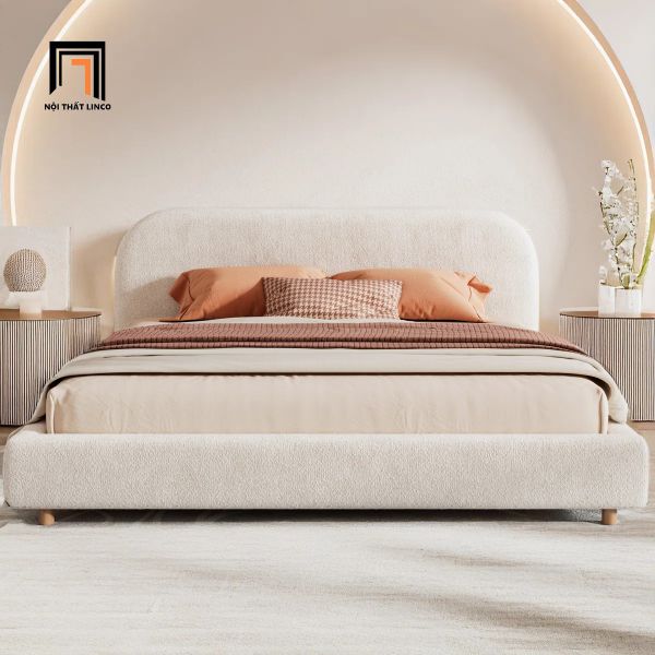 giường ngủ vải nỉ nhung, giường bọc nệm, giường ngủ màu be xinh xắn, giường ngủ, giường