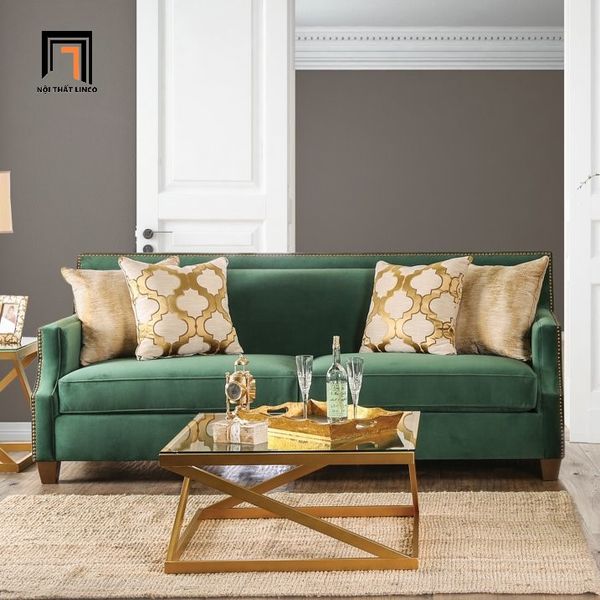 bộ ghế sofa phòng khách sang trọng, combo 2 ghế sofa gia đình cao cấp vải nhung xanh lá