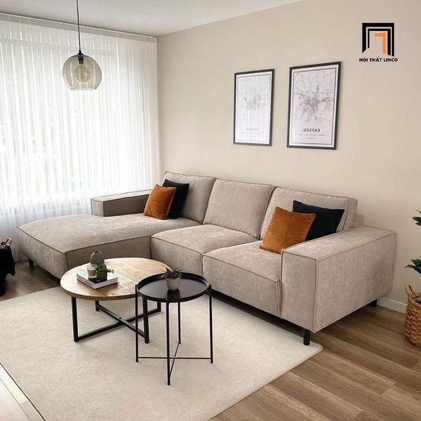 ghế sofa góc L 2m4 x 1m6, sofa góc cho căn hộ chung cư, sofa góc màu xám vải nhung sang trọng