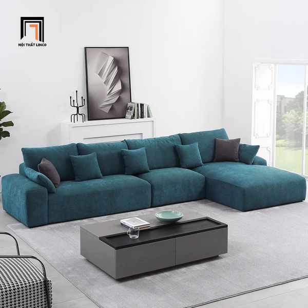 sofa l, sofa góc l, sofa góc chữ l, sofa góc 3m2 x 1m6, sofa góc vải nỉ màu xanh ngọc, bộ ghế sofa góc phòng khách lớn