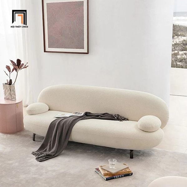 sofa băng, sofa văng, sofa băng cong, ghế sofa cho tiệm shop, sofa màu trắng kem, sofa vải lông cừu