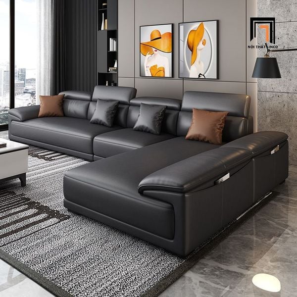 bộ ghế sofa băng da giả màu đen, ghế sofa băng kèm đôn vuông, sofa băng dài 2m4 tựa đầu gật gù