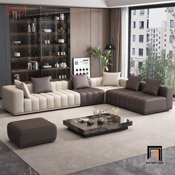 bộ ghế sofa góc L phối màu da giả đẹp, sofa góc L 3m1 x 1m5 cao cấp