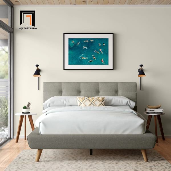 giường ngủ vải nỉ màu xám, giường ngủ giá rẻ, giường bọc vải 1m6 x 2m, giường ngủ gia đình