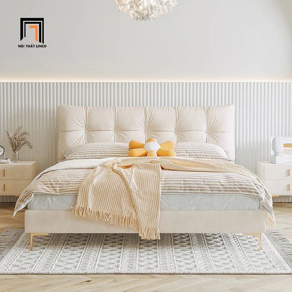 giường ngủ bọc nỉ, giường ngủ màu be, giường ngủ xinh xắn 1m6 x 2m, giường ngủ giá rẻ