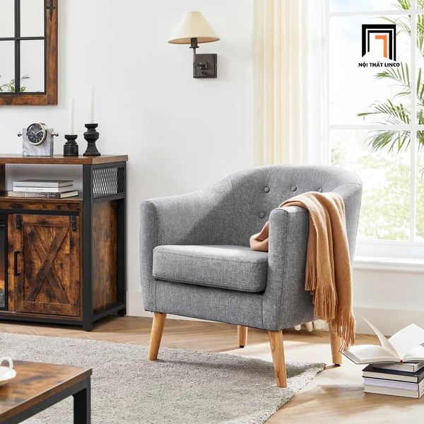 ghế sofa đơn nhỏ gọn, sofa đơn vải bố màu xám tro, sofa đơn phòng khách