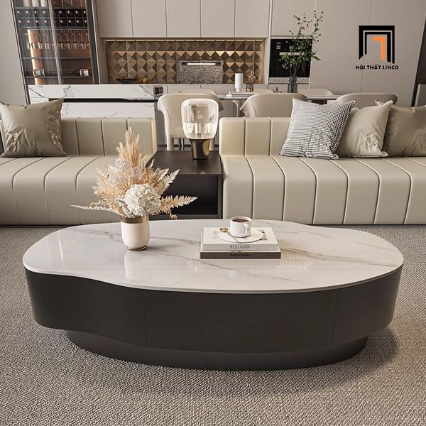 bàn sofa phòng khách kiểu cong dài 1m2, bàn trà mặt đá sang trọng hiện đại