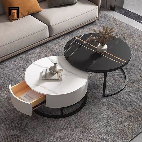 cặp 2 bàn sofa phòng khách giá rẻ, cặp bàn trà gia đình mặt đá tròn hiện đại