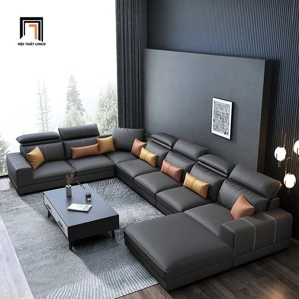 bộ ghế sofa góc L 3m x 1m6 da xám đậm, ghế sofa góc phòng khách bọc da cao cấp