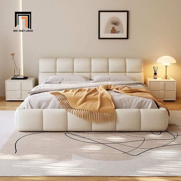 giường ngủ, giường, giường ngủ da công nghiệp, giường ngủ màu trắng kem, giường ngủ cao cấp
