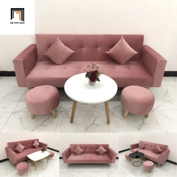 bộ ghế sofa giường nằm dài 2m màu hồng phấn, ghế sofa bed đa năng giá rẻ cho shop tiệm
