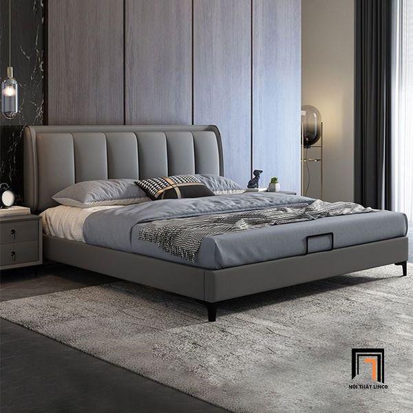 giường ngủ bọc da màu xám, giường ngủ da công nghiệp, giường 1m6 x 2m kiểu dáng sang trọng