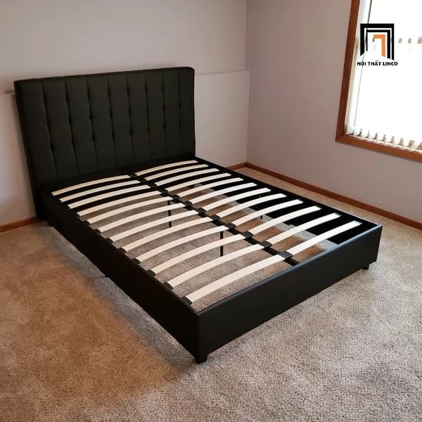 giường ngủ sang trọng, giường ngủ hiện đại bọc da Pu màu đen, giường ngủ da giả 1m6 x 2m