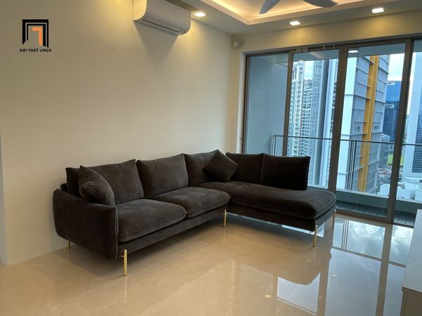 sofa góc chữ L 2m3 x 1m7 màu xám đen vải nỉ, sofa góc phòng khách gia đình đẹp, ghế sofa góc L xinh xắn