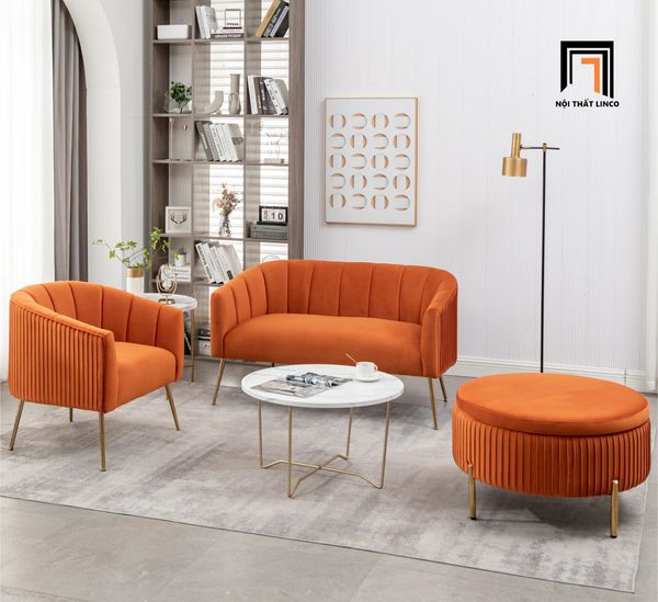 set ghế sofa vải nhung màu cam, bộ ghế sofa đặt tại sảnh chờ xinh xắn