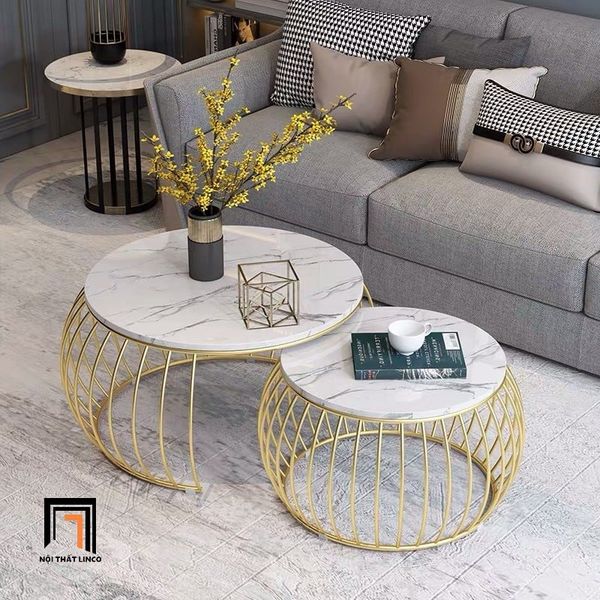 cặp bàn tròn mặt đá đen khung vàng, cặp bàn sofa lồng chim