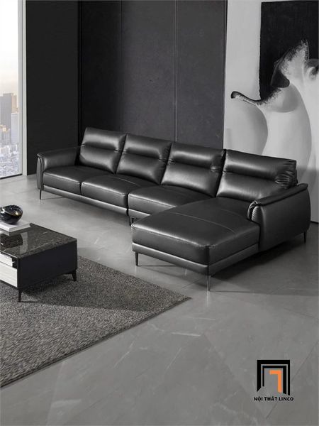 sofa góc L da đen bóng, bộ ghế sofa góc sang trọng 3m x 1m6