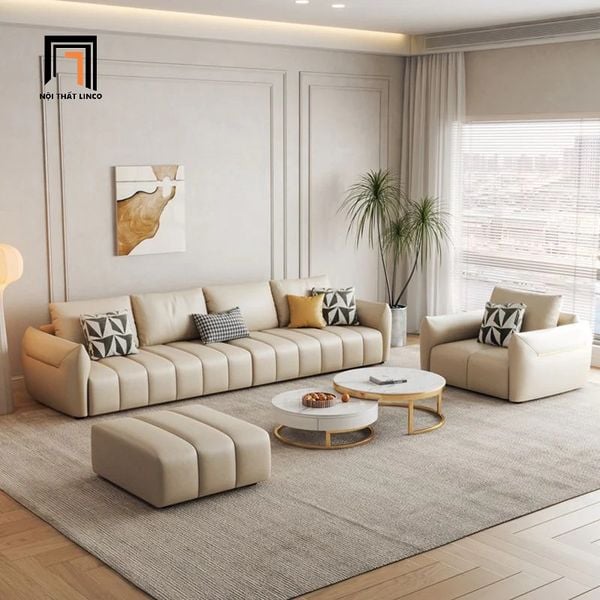set ghế sofa phòng khách nệm chia múi, bộ ghế sofa da giả màu trắng kem