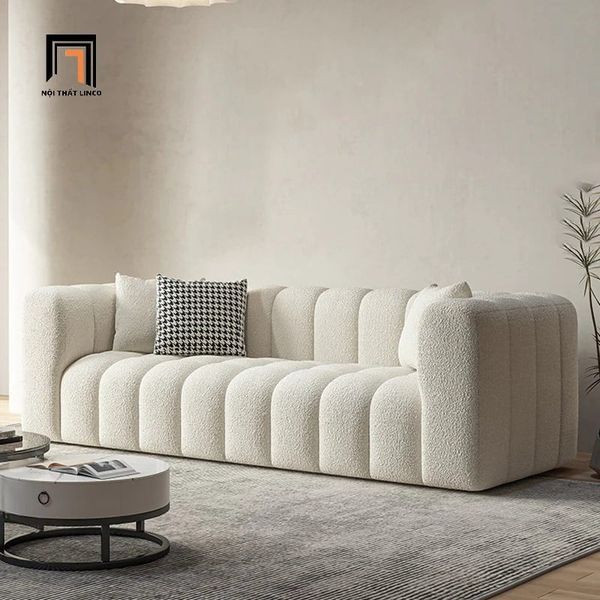 ghế sofa băng dài 2m nệm chia múi, sofa văng vải lông cừu xám trắng, ghế sofa băng cho shop tiệm sang trọng