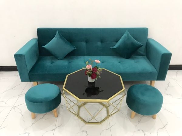 bộ ghế sofa giường dài 2m, ghế sofa băng bật nằm màu xanh lá vải nhung