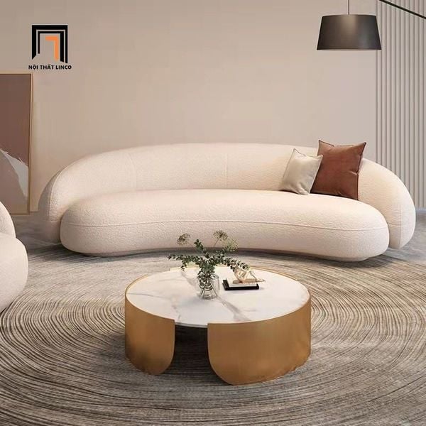 bộ ghế sofa văng cong vải lông cừu, ghế sofa trang trí cho shop tiệm đẹp, bộ ghế sofa cong màu trắng kem