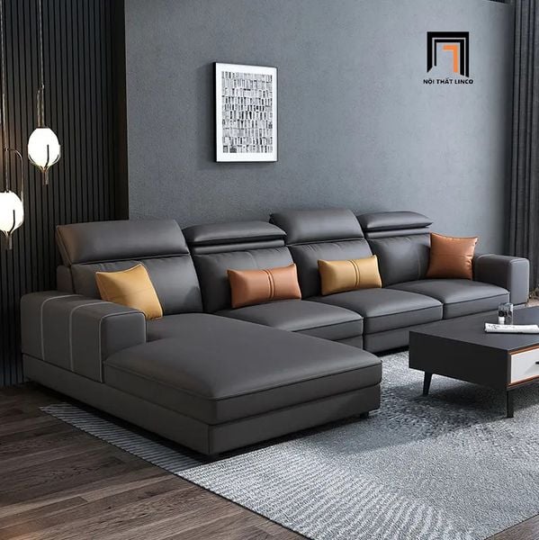 bộ ghế sofa góc L 3m x 1m6 da xám đậm, ghế sofa góc phòng khách bọc da cao cấp
