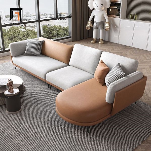 bộ ghế sofa góc l da pu phối màu, ghế sofa góc 3m x 1m6 cho không gian lớn, sofa góc nệm bo cong chân inox