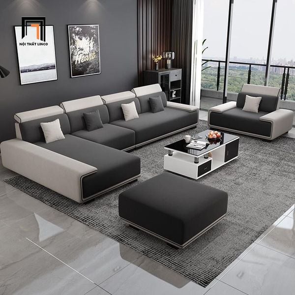 ghế sofa góc L 3m2 x 1m8 phối màu đen trắng, bộ sofa góc chữ L trẻ trung hiện đại