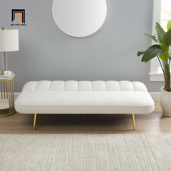 sofa giường nằm dài 1m7 vải lông cừu trắng kem, sofa giường xinh xắn nhỏ gọn