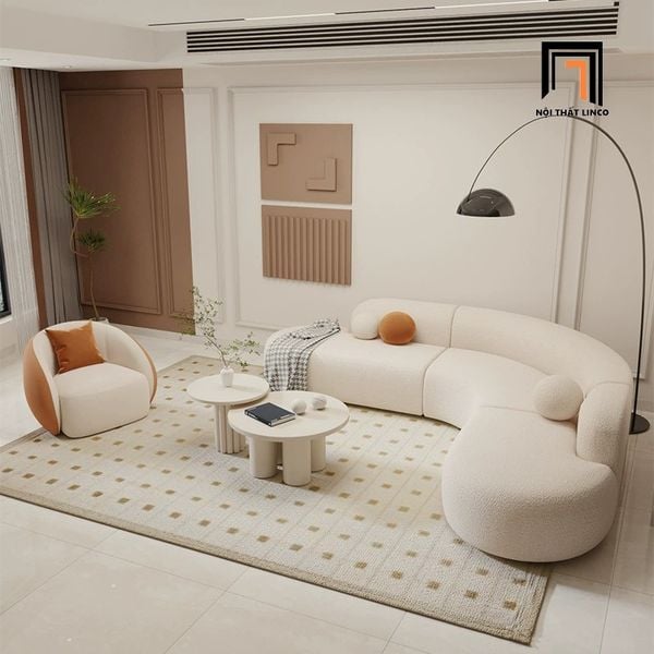 bộ ghế sofa góc L kiểu cong, set ghế sofa góc 2m5 x 2m1 bọc vải lông cừu trắng kem