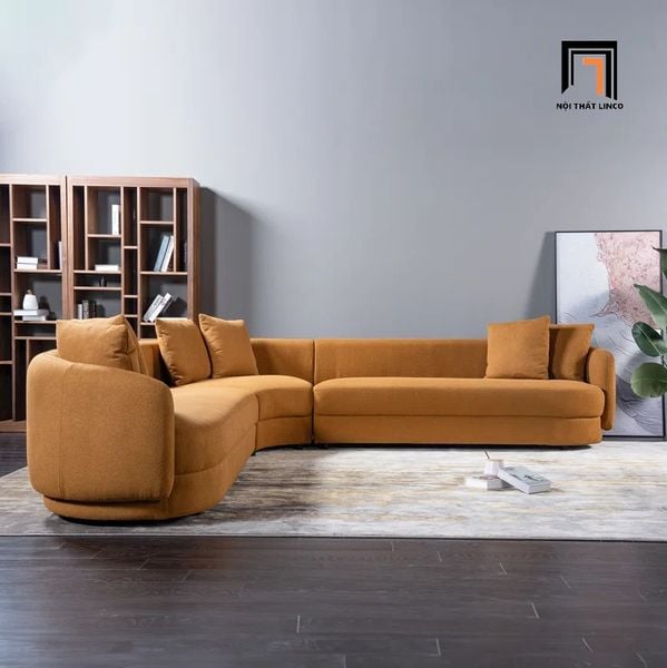 bộ ghế sofa góc L kiểu cong 2m4 x 2m4 vải nhung màu cam, sofa góc phòng khách đẹp