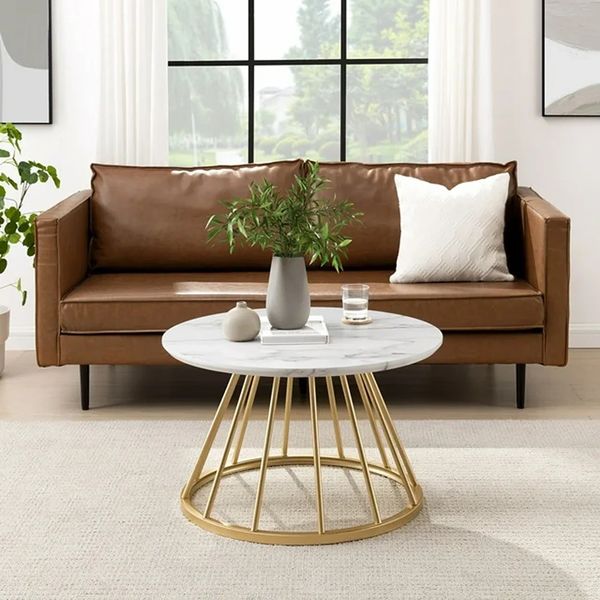 bàn trà mặt đá tròn 60 sang trọng, bàn sofa phòng khách khung chân sắt vàng