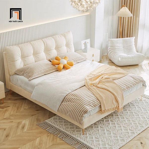 giường ngủ bọc nỉ, giường ngủ màu be, giường ngủ xinh xắn 1m6 x 2m, giường ngủ giá rẻ