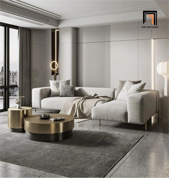 sofa góc L màu xám vải nỉ 2m4 x 1m6, bộ ghế sofa góc gia đình chân inox