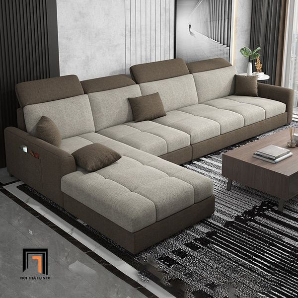 sofa góc l, bộ ghế sofa góc vải nỉ, sofa góc 2m8 x 1m75 gối kê đầu gật gù, sofa góc gia đình giá rẻ