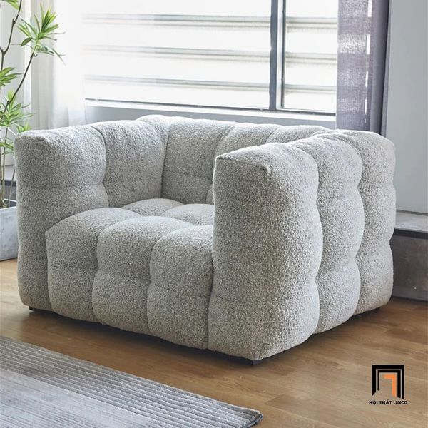 sofa đơn, ghế sofa 1 người ngồi, ghế sofa đơn vải lông cừu, sofa đơn màu xám trắng, sofa đơn cho shop tiệm