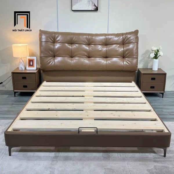 giường ngủ bọc da Pu màu nâu, giường ngủ 1m6 x 2m giá rẻ, giường ngủ, giường