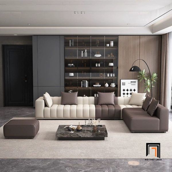 bộ ghế sofa góc L phối màu da giả đẹp, sofa góc L 3m1 x 1m5 cao cấp