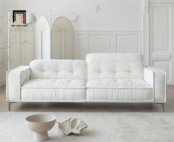 sofa, ghế sofa, sofa băng vải lông cừu, ghế sofa màu trắng kem, sofa 2m1 xinh xắn cho gia đình