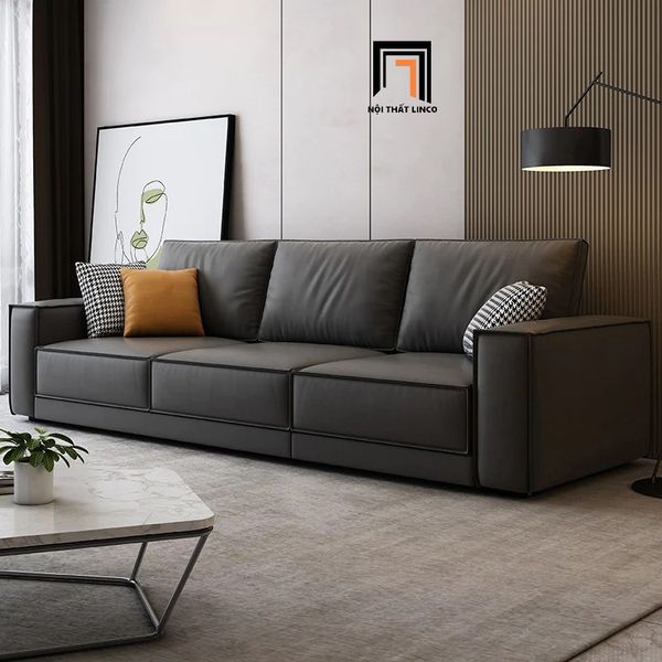 sofa băng da 3 nệm ngồi da simili đen, ghế sofa văng phòng khách gia đình sang trọng, sofa băng