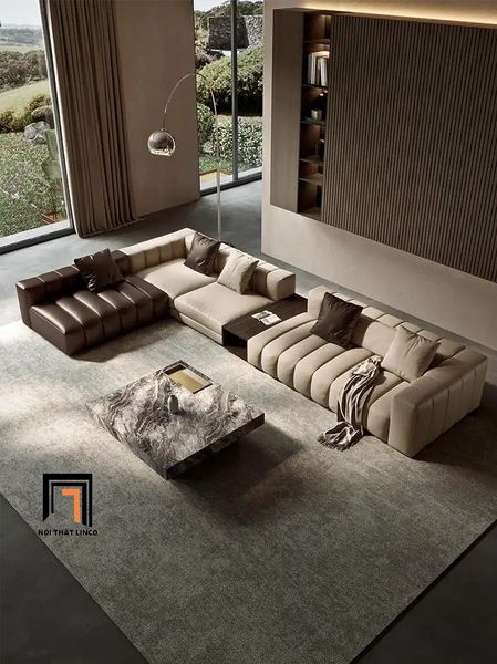 bộ ghế sofa góc L phối màu da hiện đại, sofa góc phòng khách diện tích lớn 3m4 x 2m2