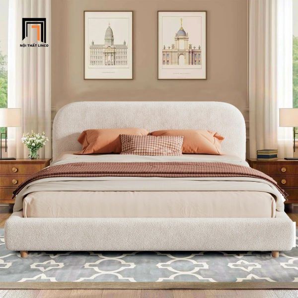 giường ngủ vải nỉ nhung, giường bọc nệm, giường ngủ màu be xinh xắn, giường ngủ, giường