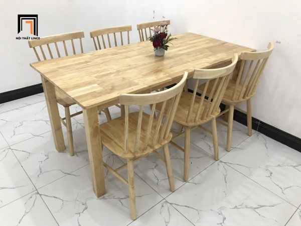 set bàn ghế ăn 6 chỗ ngồi gỗ cao su xinh xắn, bộ bàn ghế ăn phòng bếp lớn