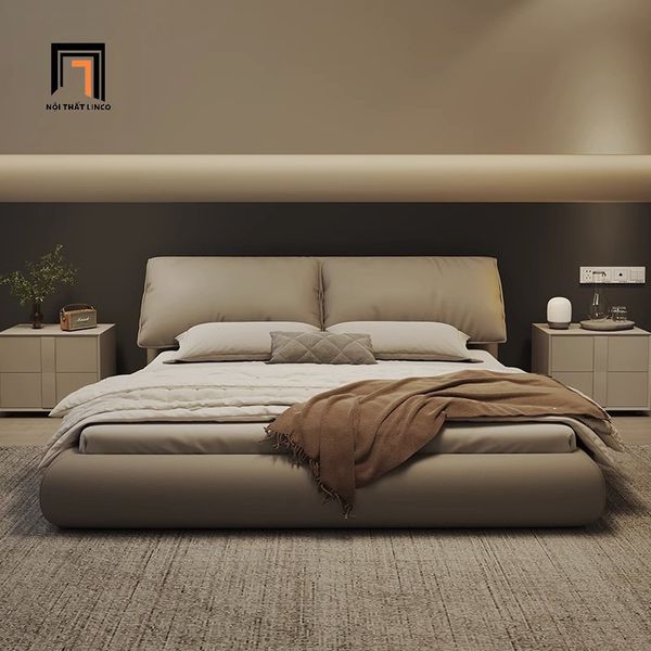 giường ngủ bọc da giả mềm, giường ngủ, giường, giường bọc da màu xám, giường ngủ chung cư