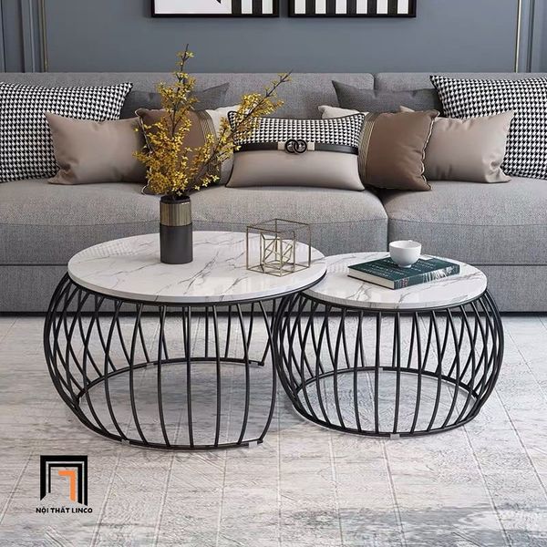 cặp bàn tròn mặt đá đen khung vàng, cặp bàn sofa lồng chim