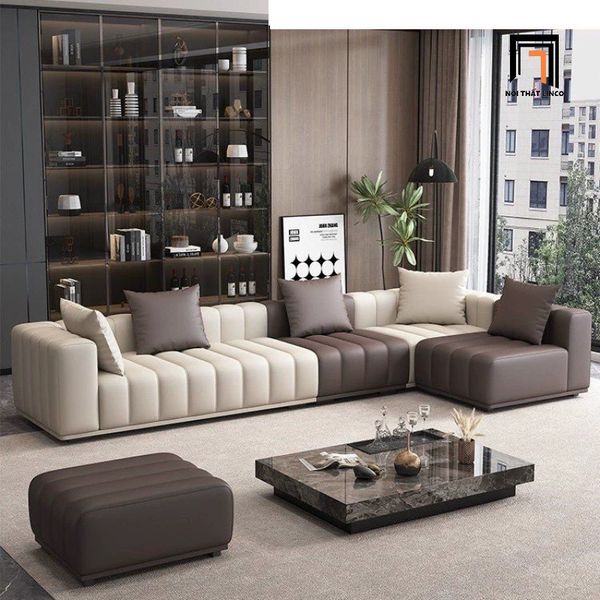 bộ ghế sofa góc L phối màu da giả đẹp, sofa góc L 3m1 x 1m5 cao cấp