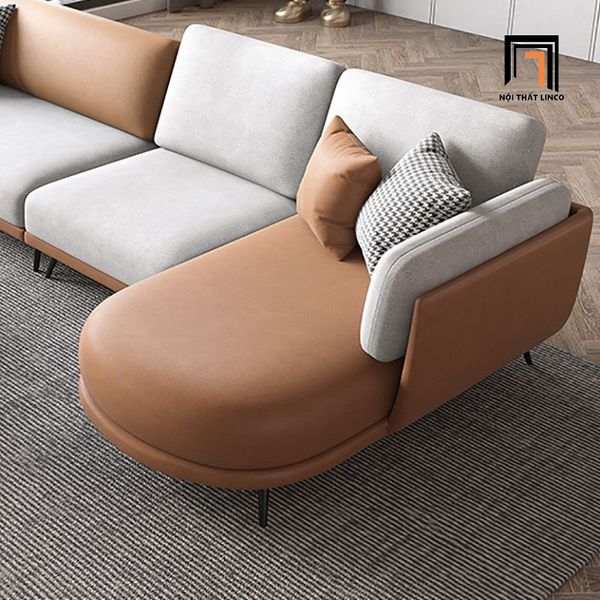 bộ ghế sofa góc l da pu phối màu, ghế sofa góc 3m x 1m6 cho không gian lớn, sofa góc nệm bo cong chân inox