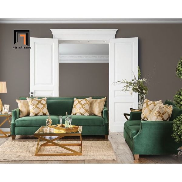 bộ ghế sofa phòng khách sang trọng, combo 2 ghế sofa gia đình cao cấp vải nhung xanh lá